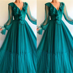 Chic Long Sleevess V-neck Prom Party Gowns| Affordable Beading Green Long Prom Party Gowns