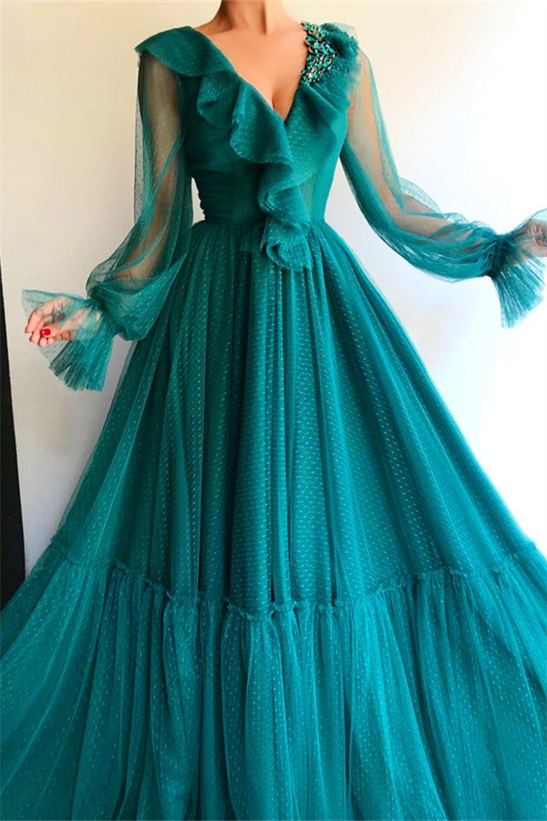 Chic Long Sleevess V-neck Prom Party Gowns| Affordable Beading Green Long Prom Party Gowns