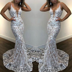 Chic Mermaid White Lace V-neck Sleeveless Prom Dresses Party Gowns