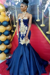 Chic Navy Blue Mermaid Prom Dresses High Neck Appliques Evening Dresses