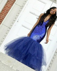 Chic Navy Blue Mermaid Sequins Prom Dresses Tulle Sleeveless V-Neck Evening Dresses