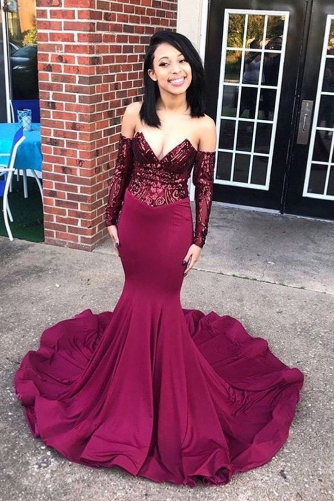 Chic Off-the-Shoulder Appliques Prom Party Gowns| Chic V-neck Long Sleevess Prom Gown