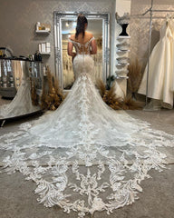 Chic Off-the-Shoulder Sleeveless Mermaid Lace Wedding Dress with Cathedral Train