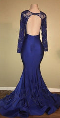 Chic Open Back Royal Blue Real Model Prom Dresses Lace Long Sleeves Mermaid Evening Gown