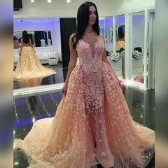 Chic Pink Mermaid Puffy Formal Dresses |Detachable Train Dubai Arabic Evening Dresses