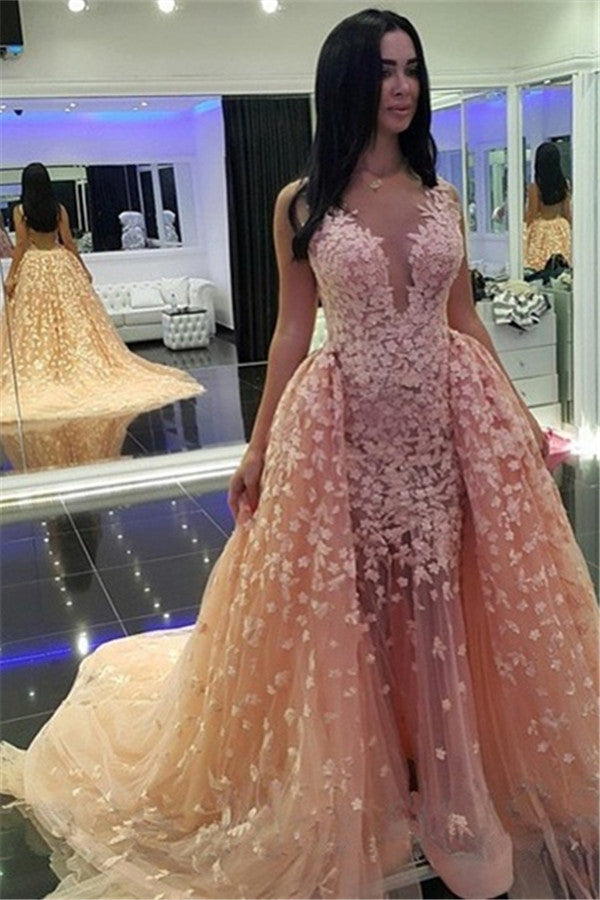 Chic Pink Mermaid Puffy Formal Dresses |Detachable Train Dubai Arabic Evening Dresses