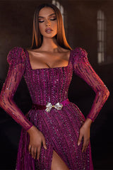 Chic Purple Square Prom Dress Mermaid Long Sleeves Beadings With Split