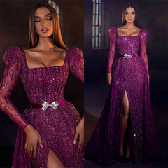 Chic Purple Square Prom Dress Mermaid Long Sleeves Beadings With Split