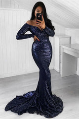 Chic Sequined Mermaid Long Sleeves Mermaid Off Shoulder Prom Party Gowns