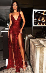 Chic Sequined Spaghetti Strap Front Split Evening Gown