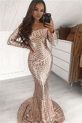 Chic Sequins Off-The-Shoulder Long-Sleeves Mermaid Prom Dresses