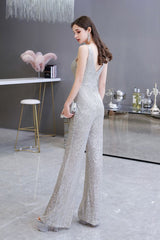 Chic Shining V-neck Silver Sequin Sleeveless Prom Jumpsuit