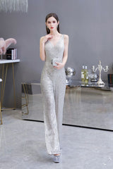 Chic Shining V-neck Silver Sequin Sleeveless Prom Jumpsuit