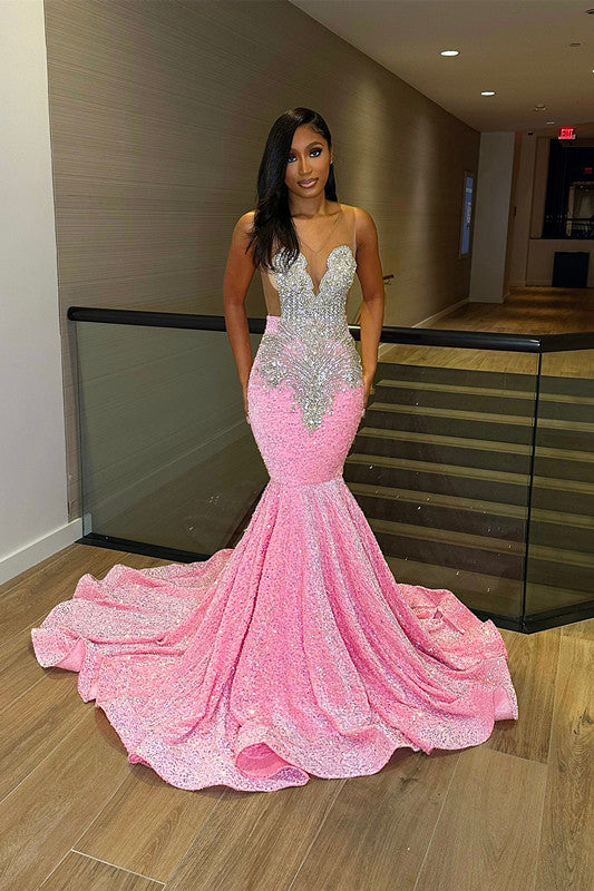 Chic Sleeveless Mermaid Sequins Prom Dresses With Ruffles Long