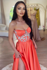 Chic Sleeveless Orange A-Line Prom Dress Slit Long With Beads
