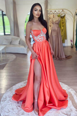 Chic Sleeveless Orange A-Line Prom Dress Slit Long With Beads