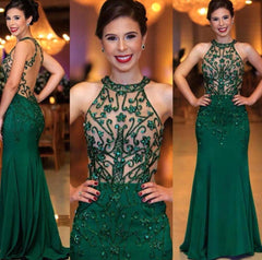 Chic Sleeveless Round Neck Beading Prom Dresses With Open Back Dark Green Evening Gowns