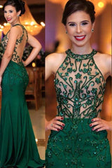 Chic Sleeveless Round Neck Beading Prom Dresses With Open Back Dark Green Evening Gowns