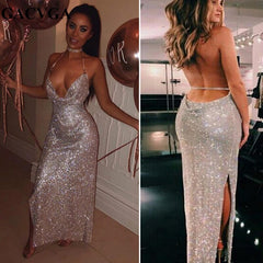 Chic Slit Backless Sparkle Evening Dresses Silver Sequins Halter V-neck Open Back Formal Dress