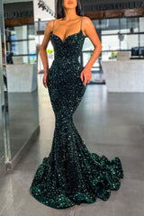 Chic Spaghetti-Straps Green Sequins Prom Dress Mermaid Long Party Gowns
