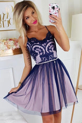 Chic Spaghetti Straps Lace Homecoming Dress Sleeveless Short Grape Homecoming Dress