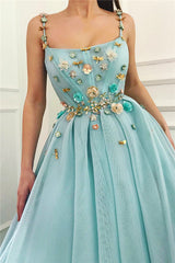 Chic Spaghetti Straps Sleeveless Long Prom Party Gowns| A Line Beading Flowers Prom Party Gowns