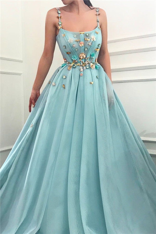 Chic Spaghetti Straps Sleeveless Long Prom Party Gowns| A Line Beading Flowers Prom Party Gowns