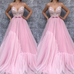 Chic Spaghetti Straps V-neck Pink Prom Party Gowns| Chic Lace Bodice Long Prom Party Gowns with Sash