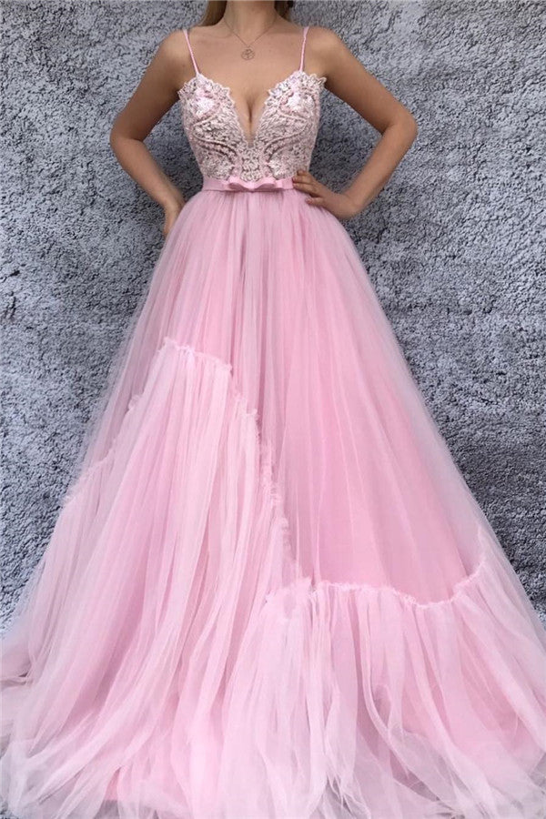 Chic Spaghetti Straps V-neck Pink Prom Party Gowns| Chic Lace Bodice Long Prom Party Gowns with Sash