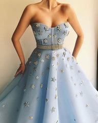 Chic Strapless Sweetheart Beading Flowers Prom Party Gowns| Chic Blue Tulle Long Prom Party Gowns with Beadning Sash