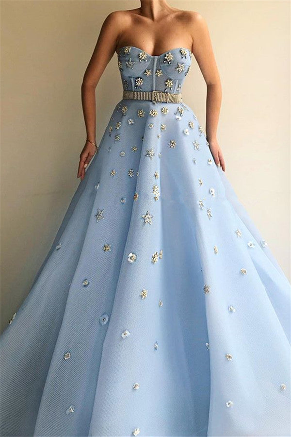 Chic Strapless Sweetheart Beading Flowers Prom Party Gowns| Chic Blue Tulle Long Prom Party Gowns with Beadning Sash