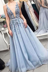 Chic Straps Deep V-neck Long Prom Party Gowns| Exquisite Lace Beading Blue Prom Gown