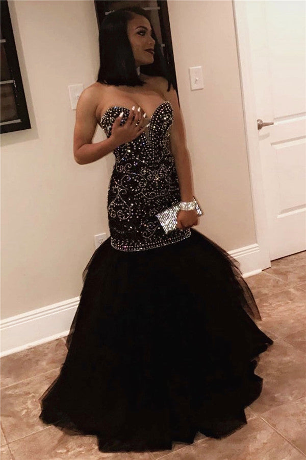 Chic Sweetheart Beads Prom Dresses Mermaid Black Sequins Evening Gown