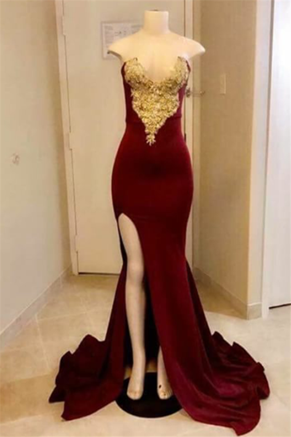 Chic Sweetheart Mermaid Prom Dreses with High split Velvet Gold Appliques Side Slit Evening Dresses