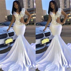 Chic V-Neck Lace Rhinestones Sweep Train Mermaid Prom Dresses