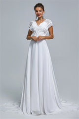 Chiffon A-line Portrait V-neck Applique Floor-length Sleeveless Wedding Dress Cover