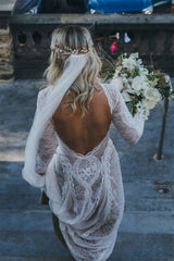 Classic Beach Long Sleevess Backless Lace Beach Wedding Dress Simple Summer Casual Bridal Gowns Online
