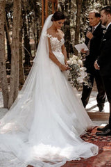 Classic Cap Sleeve Tulle Lace Simple Wedding Dress White Floor Length Garden Bridal Gown