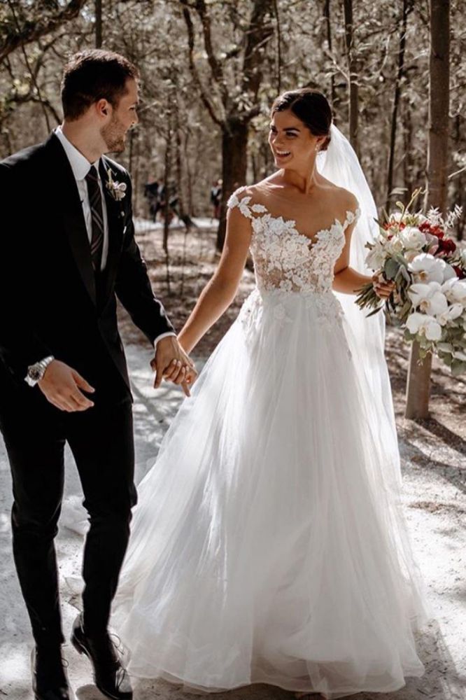 Classic Cap Sleeve Tulle Lace Simple Wedding Dress White Floor Length Garden Bridal Gown