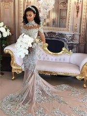 Classic High neck Long Sleevess Mermaid Wedding Dress Silver Tulle Bridal Gowns with Lace Appliques