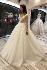 Classic Ivory Long Sleevess V neck Leaves Lace Ball Gown Wedding Dresses