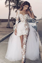Classic Lace Jumpsuit Asymmetirc See through Overskirt White Wedding Dress