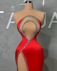 Classic Long Red Mermaid Beading Sleeveless Prom Dresses Long Slit Online