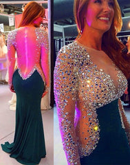 Classic Long Sleeves Mermaid Evening Dresses Crystals Zipper Back