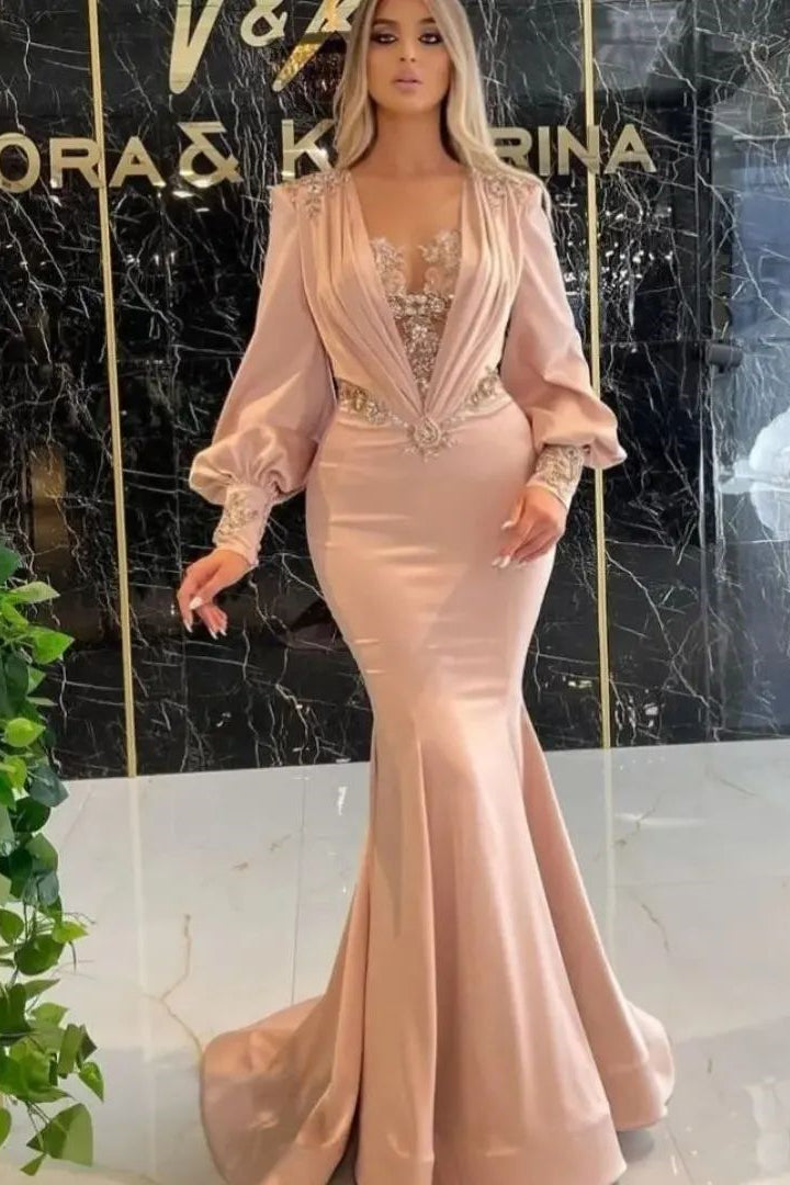 Classic Long Sleeves Mermaid Prom Dresses with Appliques