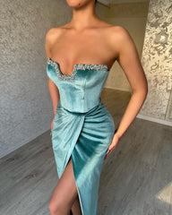 Classic Long Strapless Crystal Front Split Long Velvet Prom Dresses