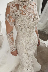 Classic Mermaid Long Sleevess Lace High Neck Crystal Wedding Dresses Modern Beading Bridal Gowns With Buttons