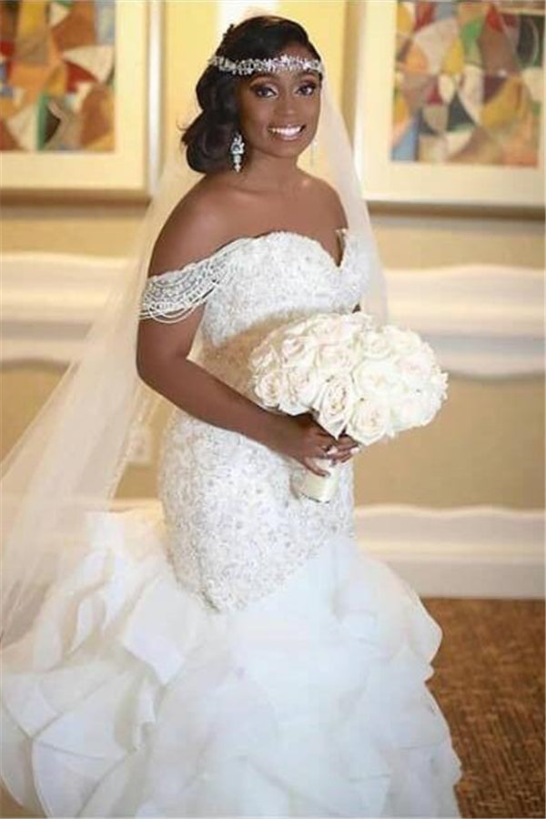 Classic Off the Shoulder Appliques Sleeveless Mermaid Lace Wedding Dress