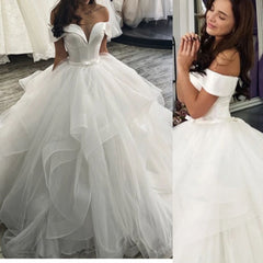 Classic Off the Shoulder Ball Gown Puffy Layers Wedding Dress