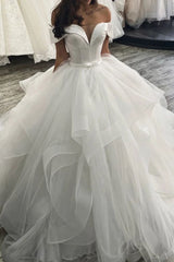 Classic Off the Shoulder Ball Gown Puffy Layers Wedding Dress